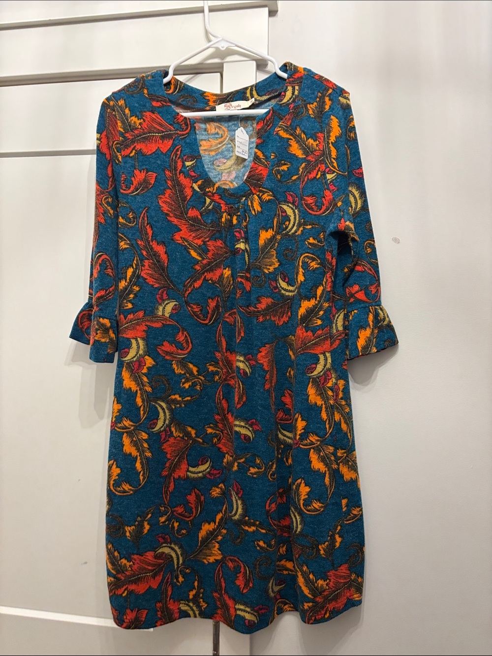 Aryeh Teal Midi Dress with Red and Gold Leaf Print